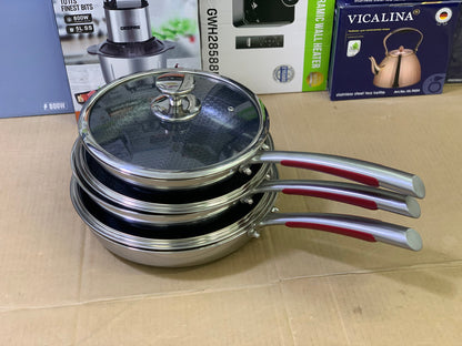 Laser coating shallow frying pans red handle with lid