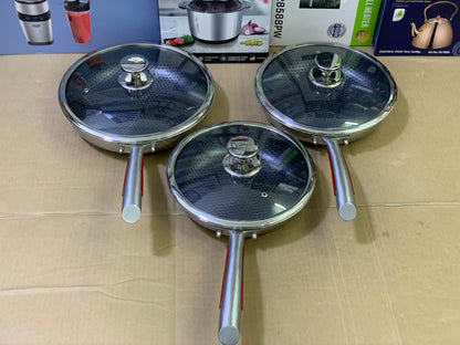Laser coating shallow frying pans red handle with lid