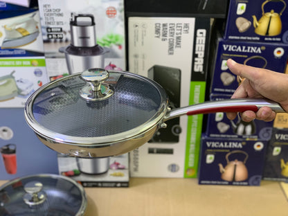 Laser coating shallow frying pans red handle with lid