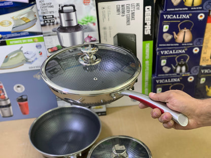 Laser coating deep Frying pan red handle