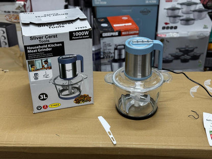 Silver crest chopper 3L and 1000 watt with glass bowl stainless steel blades